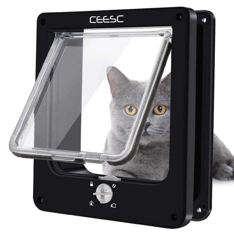 CEESC Medium Cat Door for Interior/Exterior Door, Weatherproof, Black, Rotary 4 Way Locking Pet Door for Cats & Dogs with Circumference < 15.75", Upgraded Version - Image 1